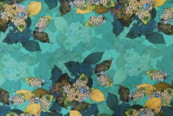 Hydrangea In Bloom Panel - Turquoise Viscose Challis Lawn