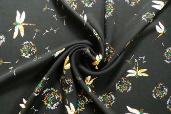 The Dragonfly In The Dandelions - Black - Viscose Challis Lawn