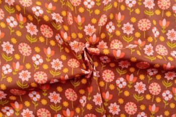 70's Cocoa & Tangerine Posy - Cotton Pure Lawn