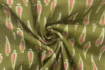 Paisley Spear - Olive - Cotton Lawn Hand-Dyed Block Print