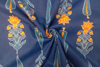 Cypress Botanics - Steel Blue - Cotton Lawn Hand-Dyed Block Print