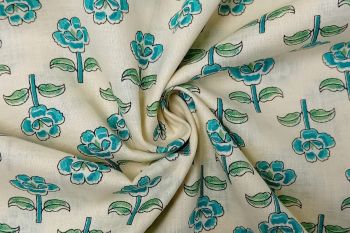 Floral Buti - Aqua - Cotton Lawn Hand-Dyed Block Print