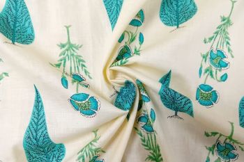 Flora Drop - Aqua - Cotton Lawn Hand-Dyed Block Print