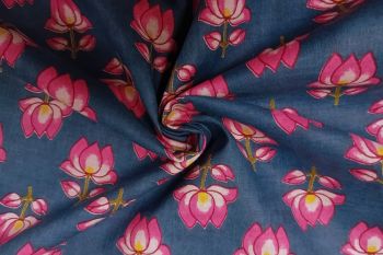 Mini Lotus - Peacock Blue - Cotton Lawn Hand-Dyed Block Print