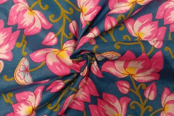 Mughal Lotus - Peacock Blue - Cotton Lawn Hand-Dyed Block Print